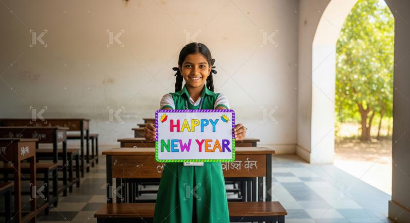 A smiling girl in uniform holds a festive New Year sign.