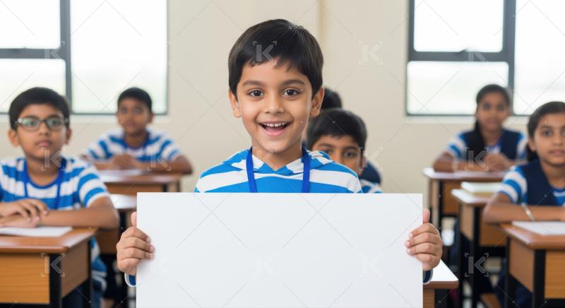 Cheerful Indian student holds an empty board for your message.