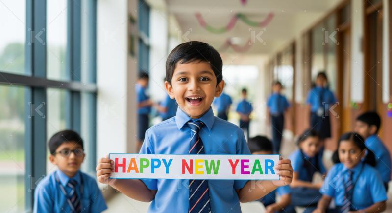 Happy Indian student holding festive New Year sign in school