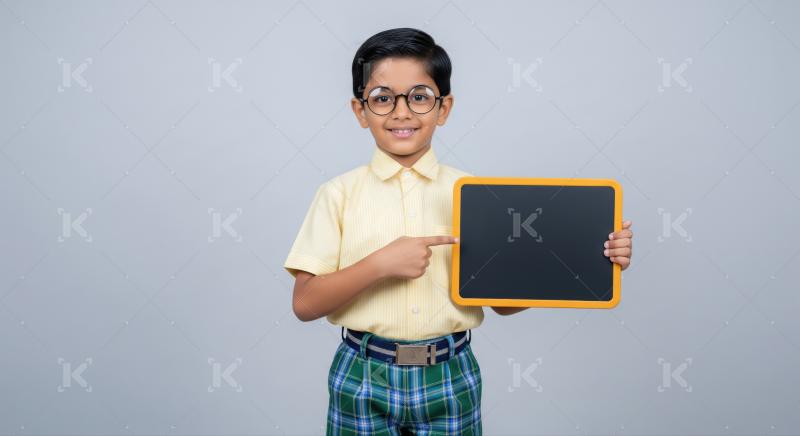 Cheerful Indian student smiles, presenting empty learning board happily.