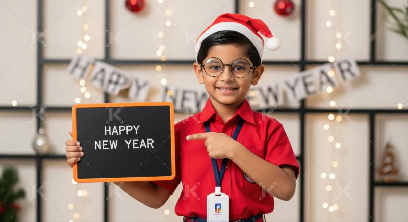 Cheerful Indian boy holding a Happy New Year sign.