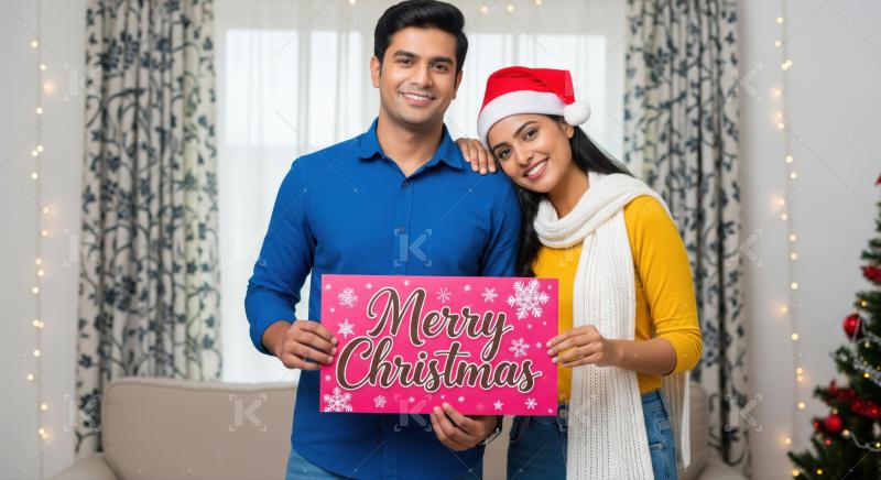 Joyful Indian couple holding Christmas sign, celebrating holiday season.