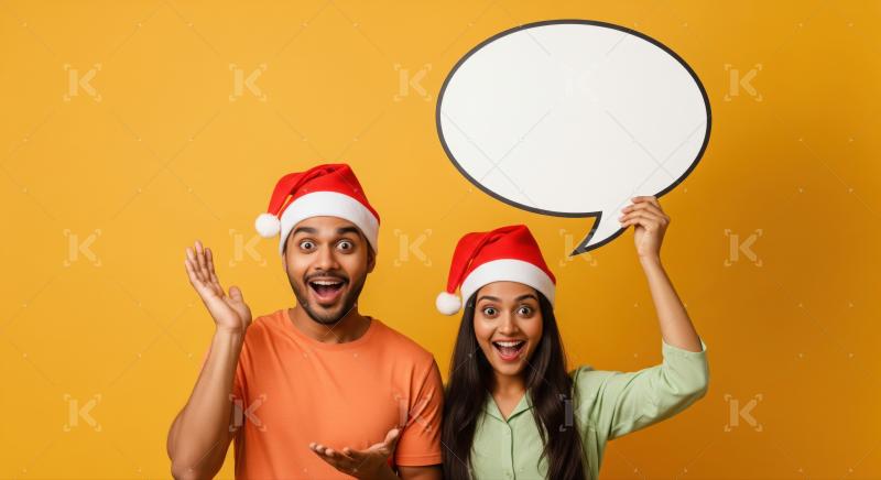 Surprised festive couple holding a blank speech bubble on yellow background.