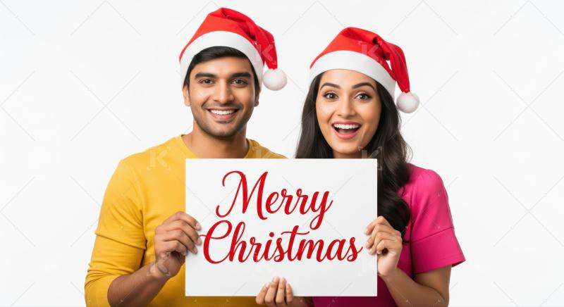 Joyful couple in Santa hats celebrating Christmas with a sign.