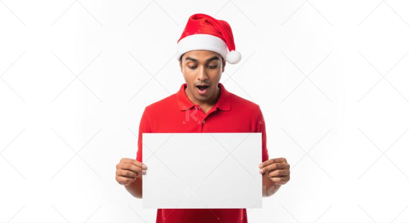Young man in Santa hat holding a blank white sign.