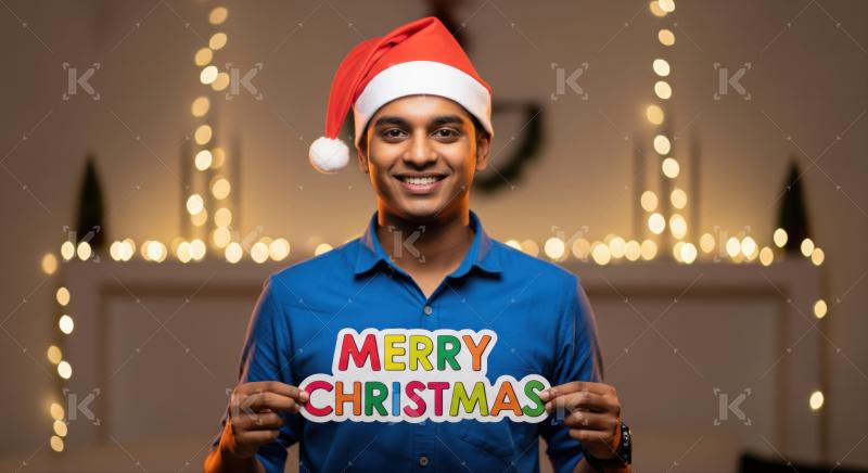 Joyful person wishing Merry Christmas in a festive setting.