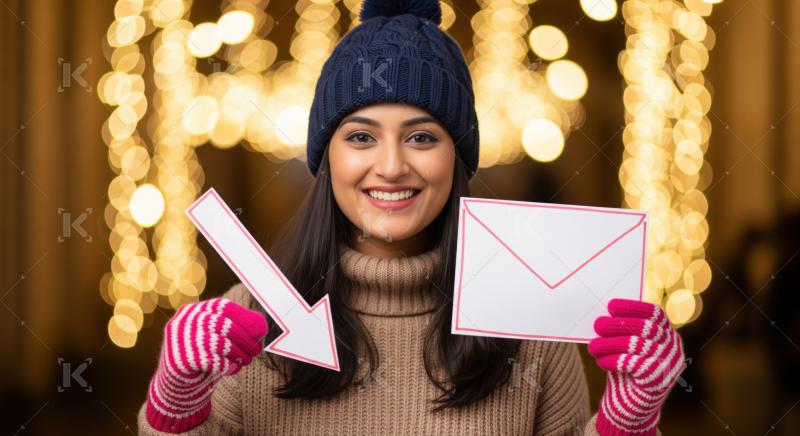 Smiling woman holds an envelope and arrow amidst festive bokeh lights.