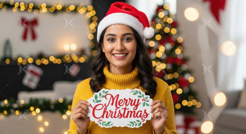 Happy woman celebrates Christmas with festive background and joyful smile.