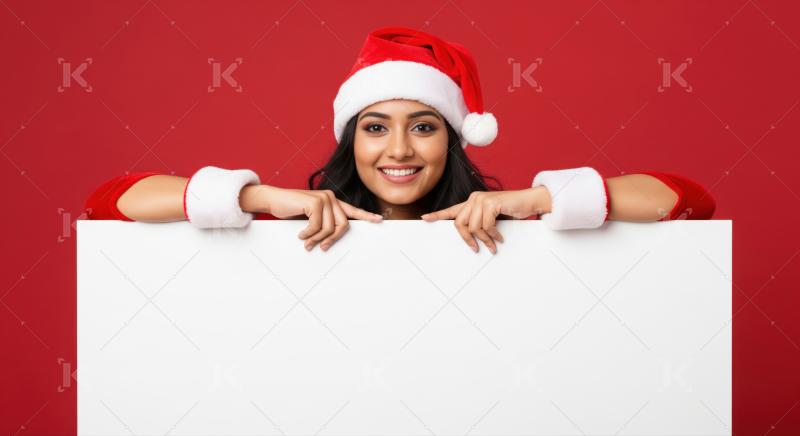Cheerful woman in Santa hat holding empty Christmas banner.