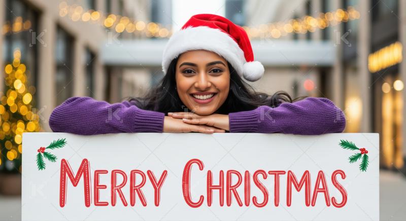 Happy woman celebrates holidays with a festive Merry Christmas sign.