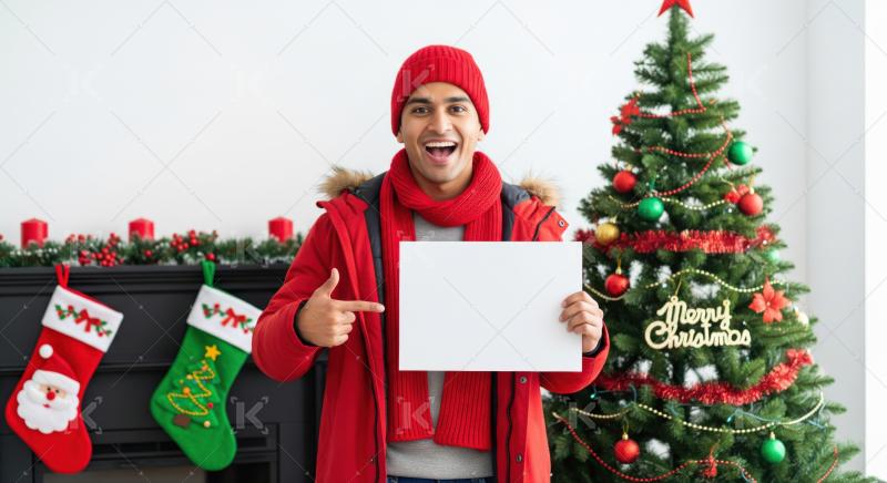 A joyful man holds a blank sign during Christmas.