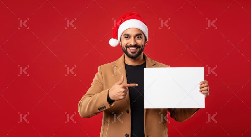 Cheerful man holds blank sign, perfect for festive message.
