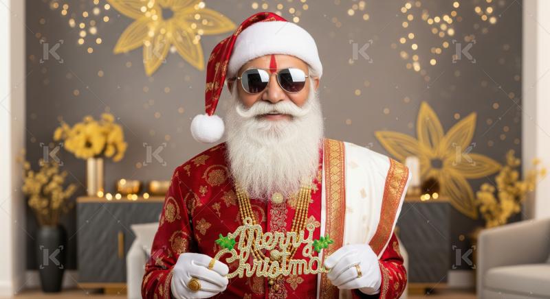 Indian-inspired Santa Claus in festive attire holding a Christmas sign.