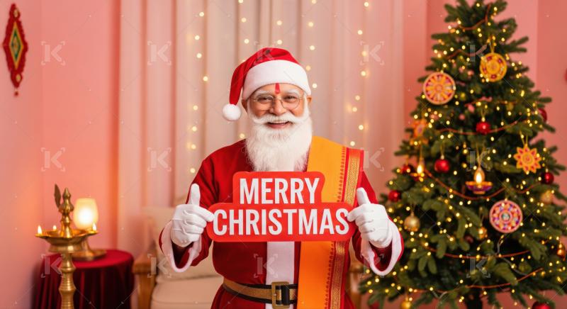 Happy Indian Santa Claus celebrates multicultural Christmas with festive decorations.
