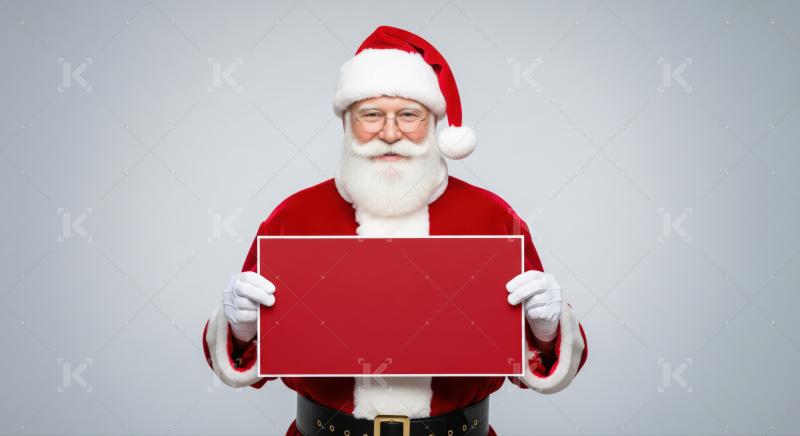 Cheerful Santa Claus displays an empty red board for text.