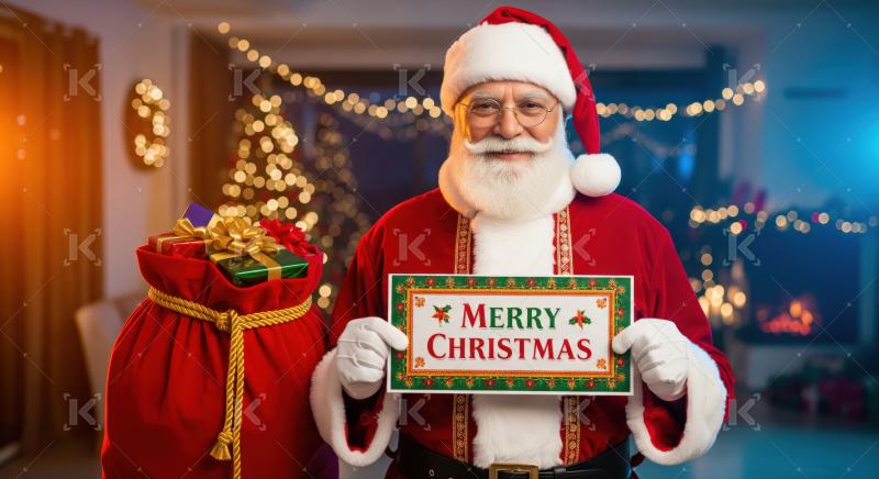 Santa Claus smiles, holding a 'Merry Christmas' sign and gift sack.