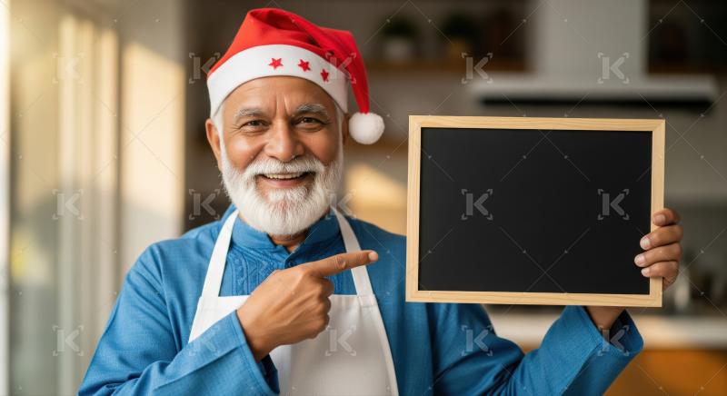 Cheerful elder Indian man in festive attire holds empty blackboard.