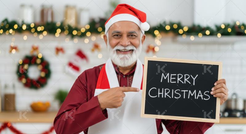Cheerful elderly man holding Merry Christmas sign in festive kitchen.