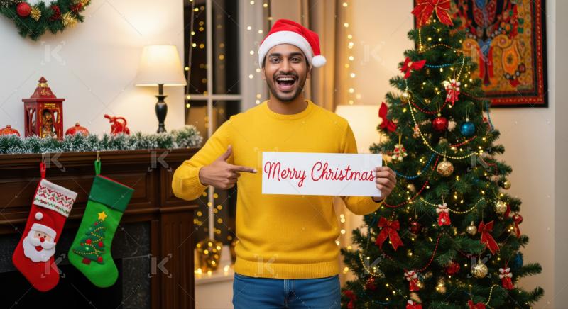 Cheerful man celebrates Christmas, pointing to a festive "Merry Christmas" sign.