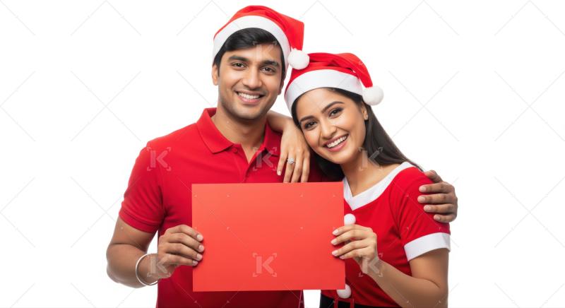Cheerful Indian couple celebrating Christmas, holding a blank red sign.