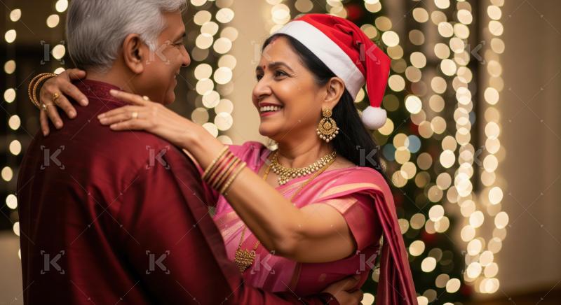 Senior Indian couple smiles, embracing during festive holiday season.