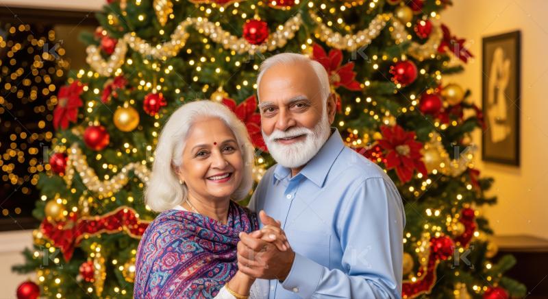 Elderly Indian couple happily dancing, celebrating Christmas spirit together.