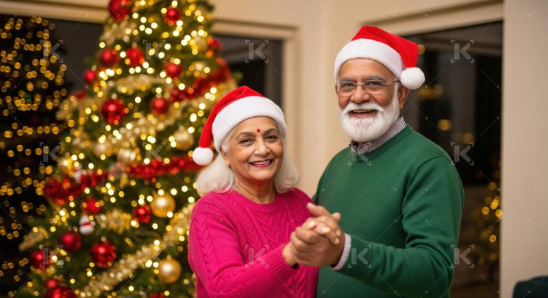 Smiling senior Indian couple enjoying festive Christmas spirit together joyfully.