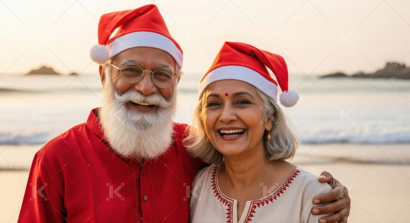 Joyful Indian couple celebrates Christmas on a warm beach.
