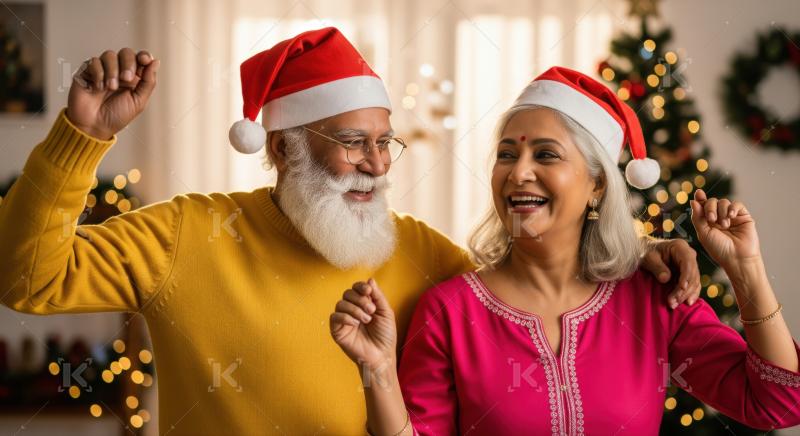 Happy senior Indian couple enjoying the festive Christmas season.