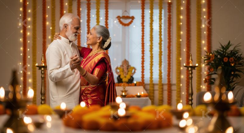 Happy elderly Indian couple celebrates their love with traditional lights.