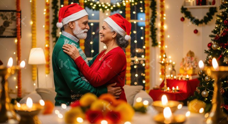 Happy senior Indian couple embraces lovingly during festive season.