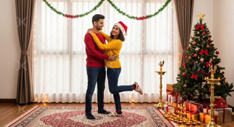 A happy young Indian couple celebrates Christmas with festive decor.