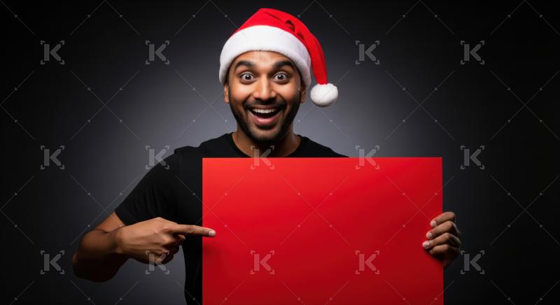 Cheerful man wearing Santa hat holding and pointing blank red board.