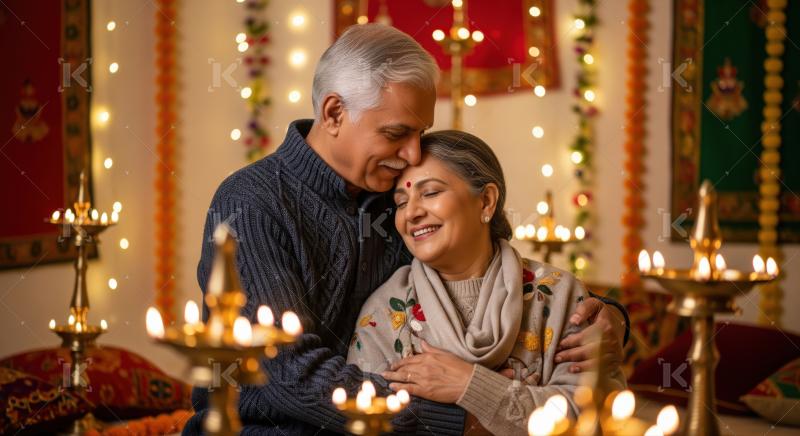 Happy senior Indian couple embracing warmly amidst festive cultural decorations.