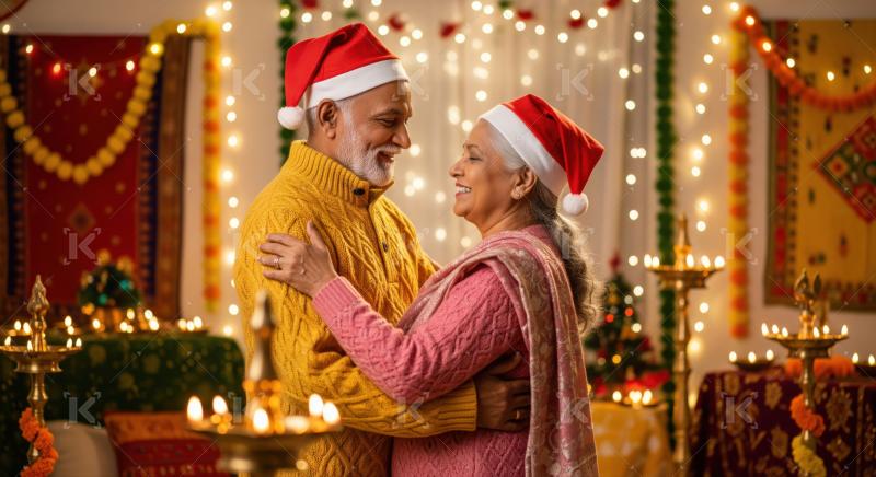 Happy senior Indian couple celebrates festive season with love.