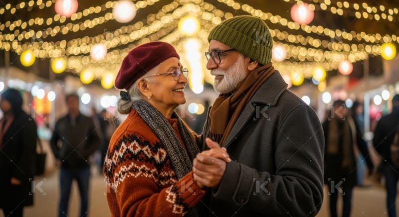Joyful senior Indian couple enjoying a romantic dance outdoors together.