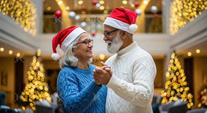 Happy elderly couple celebrates holidays, embracing the festive Christmas spirit.