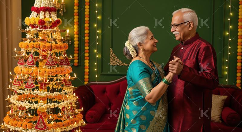 Elderly Indian couple celebrating cultural festival with beautiful traditional decorations.