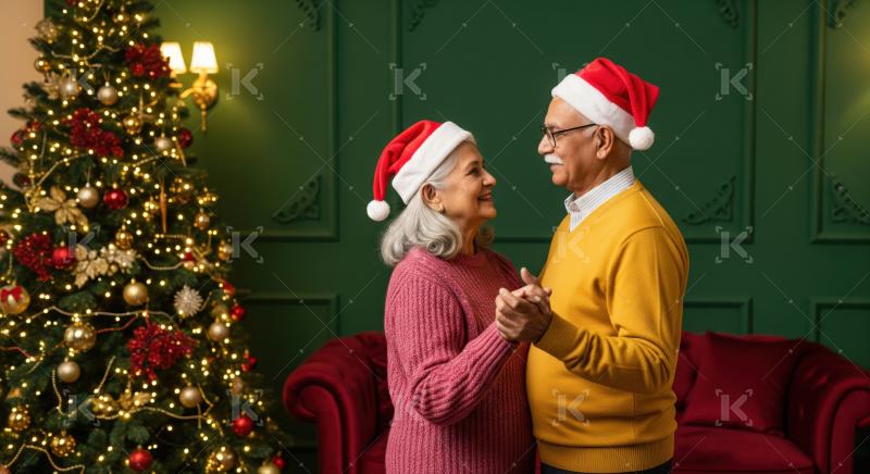 Happy elderly couple celebrates festive Christmas together wearing Santa hats.
