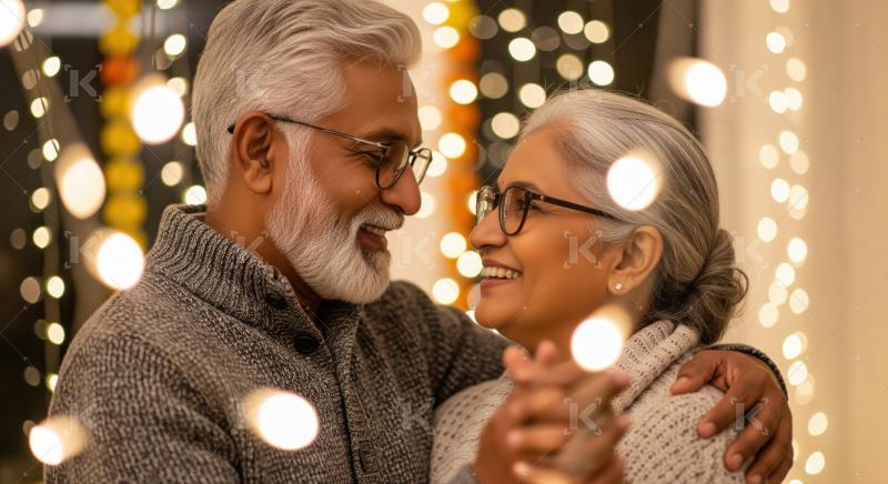 Senior Indian couple joyfully celebrates together surrounded by beautiful lights.