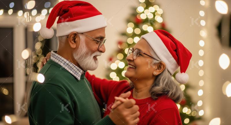 Happy senior couple dancing, celebrating festive holidays with warmth.