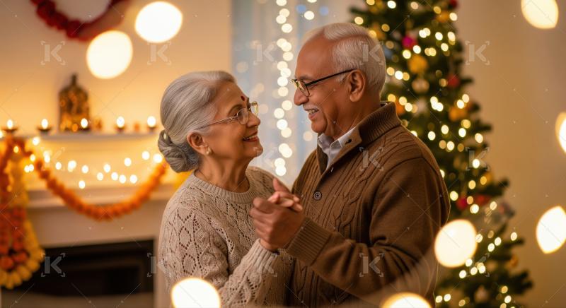 Joyful Indian couple dancing together happily during a warm festive celebration.