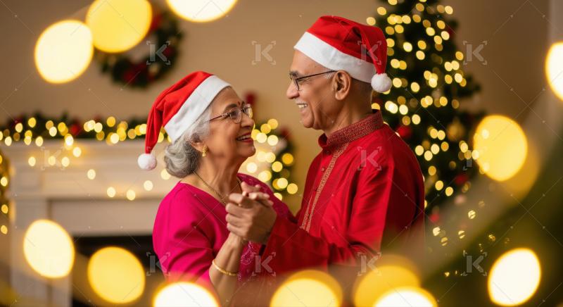 Elderly Indian couple happily celebrates Christmas dancing together indoors.