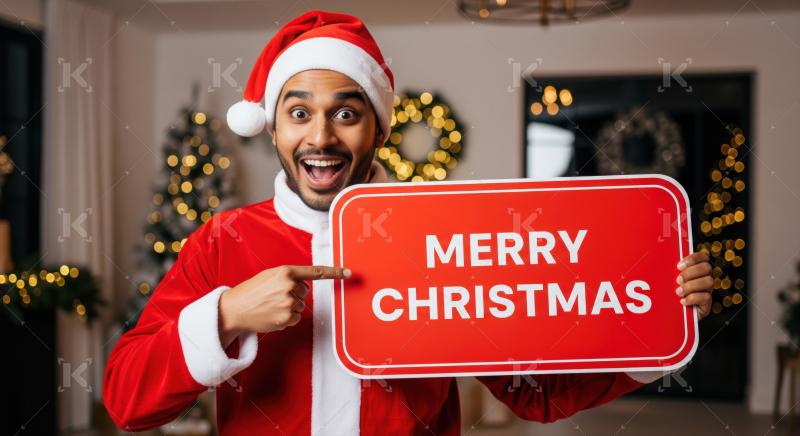 Joyful Santa Claus holds a Merry Christmas sign happily.