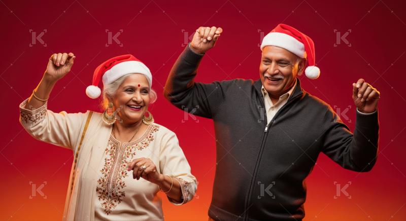 Happy elderly couple dancing together, spreading festive holiday cheer.