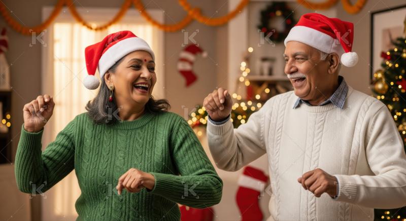 Happy Indian couple celebrating Christmas festivities with joyful dance.