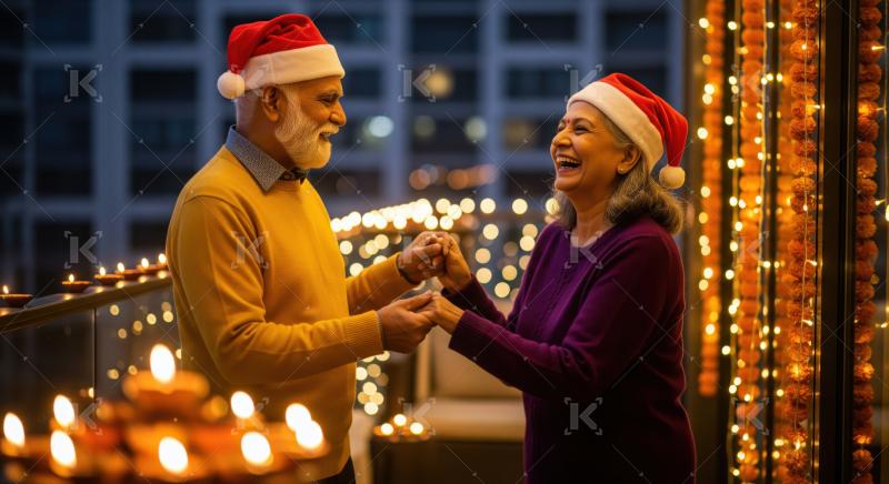 Happy elderly couple enjoying holiday celebration with traditional lights and laughter.