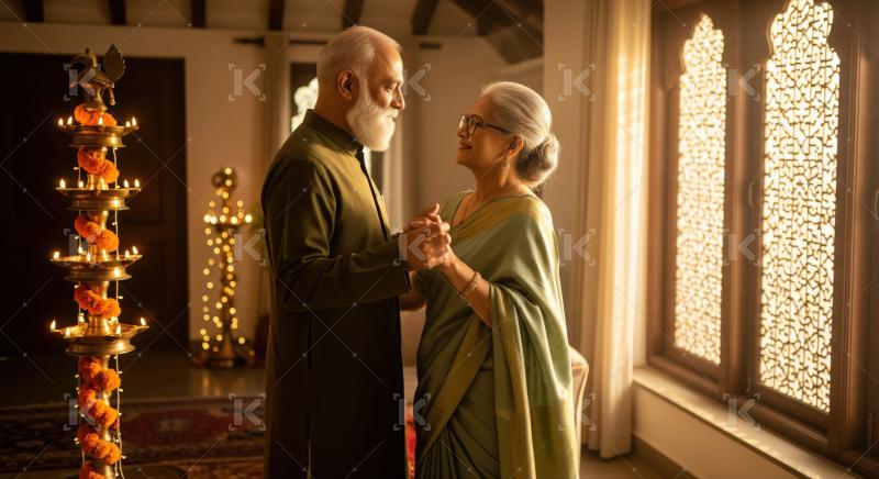 Affectionate Indian couple celebrates festive occasion in beautifully decorated home.