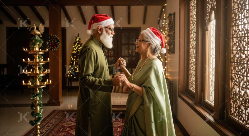 Joyful elderly Indian couple celebrates Christmas, holding hands indoors.