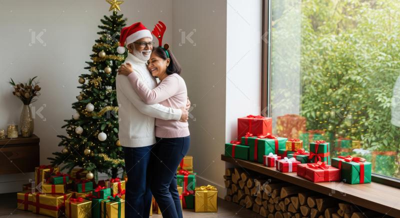 Senior Indian couple shares a loving Christmas hug at home.